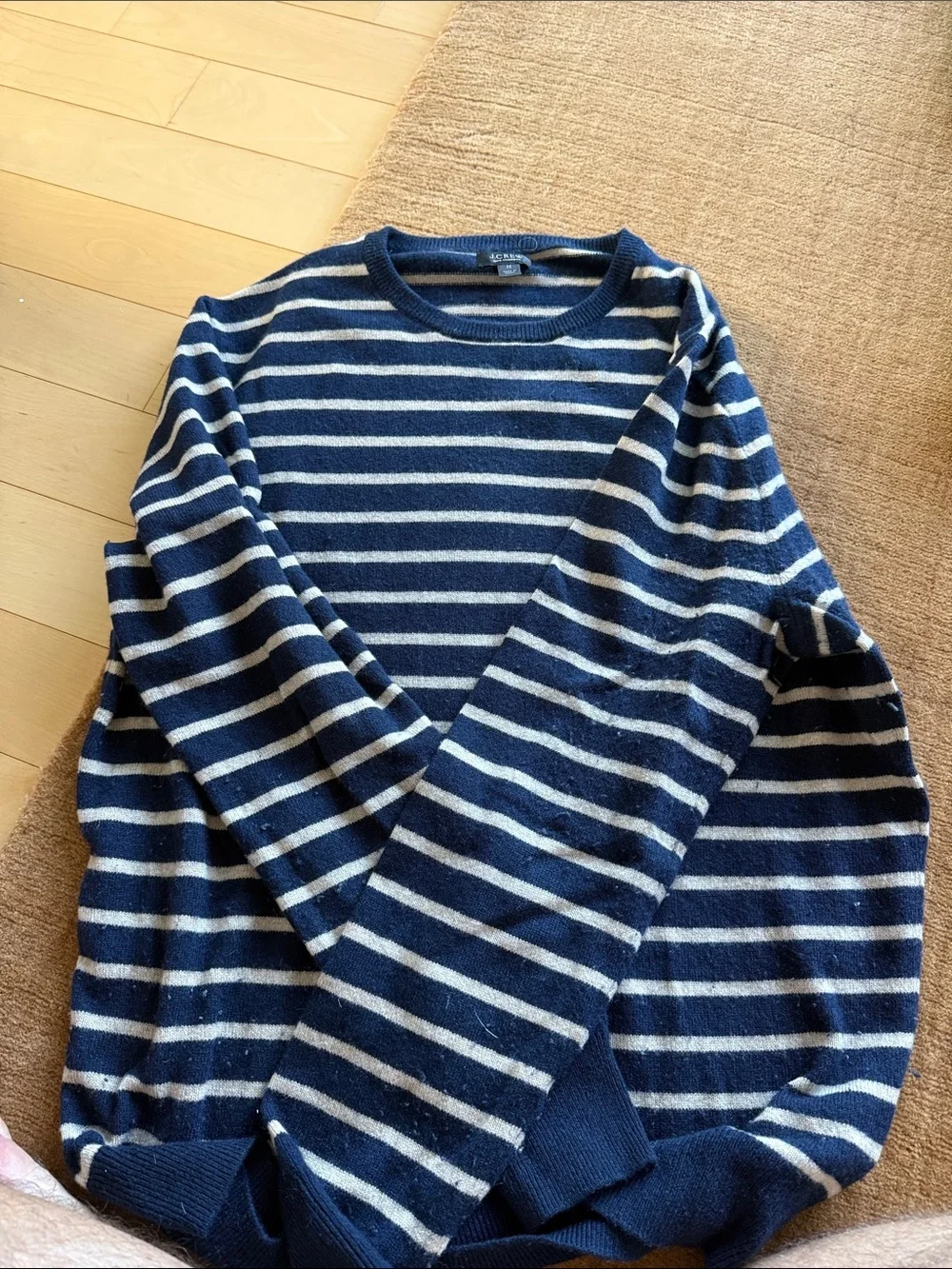 J. Crew 100% Cashmere Navy and Cream Striped Cashmere Crewneck Sweater